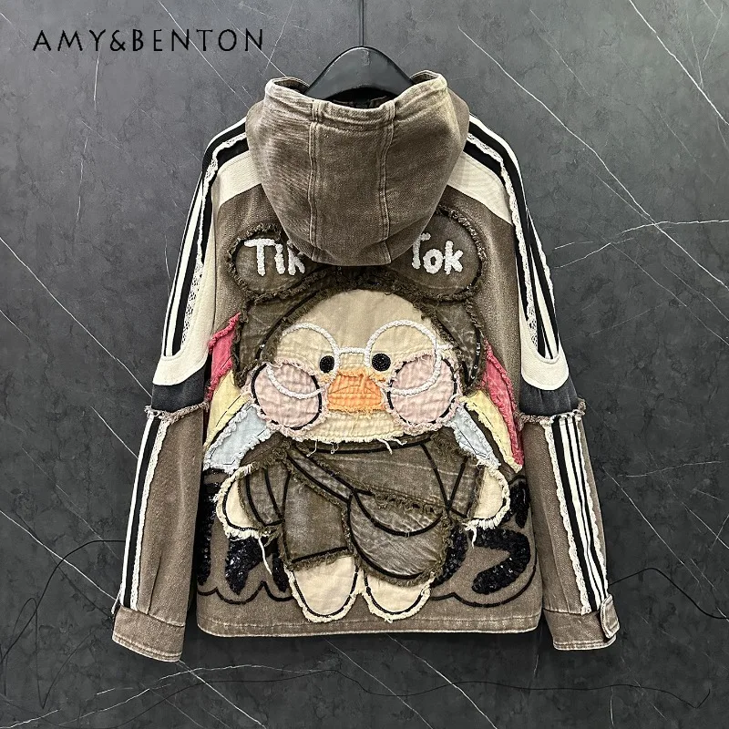 

2025 Autumn Heavy Industry New Cartoon Patch Embroidery Hooded Sweatshirt Jacket For Women's Loose Casual Fashion Top Sudaderas