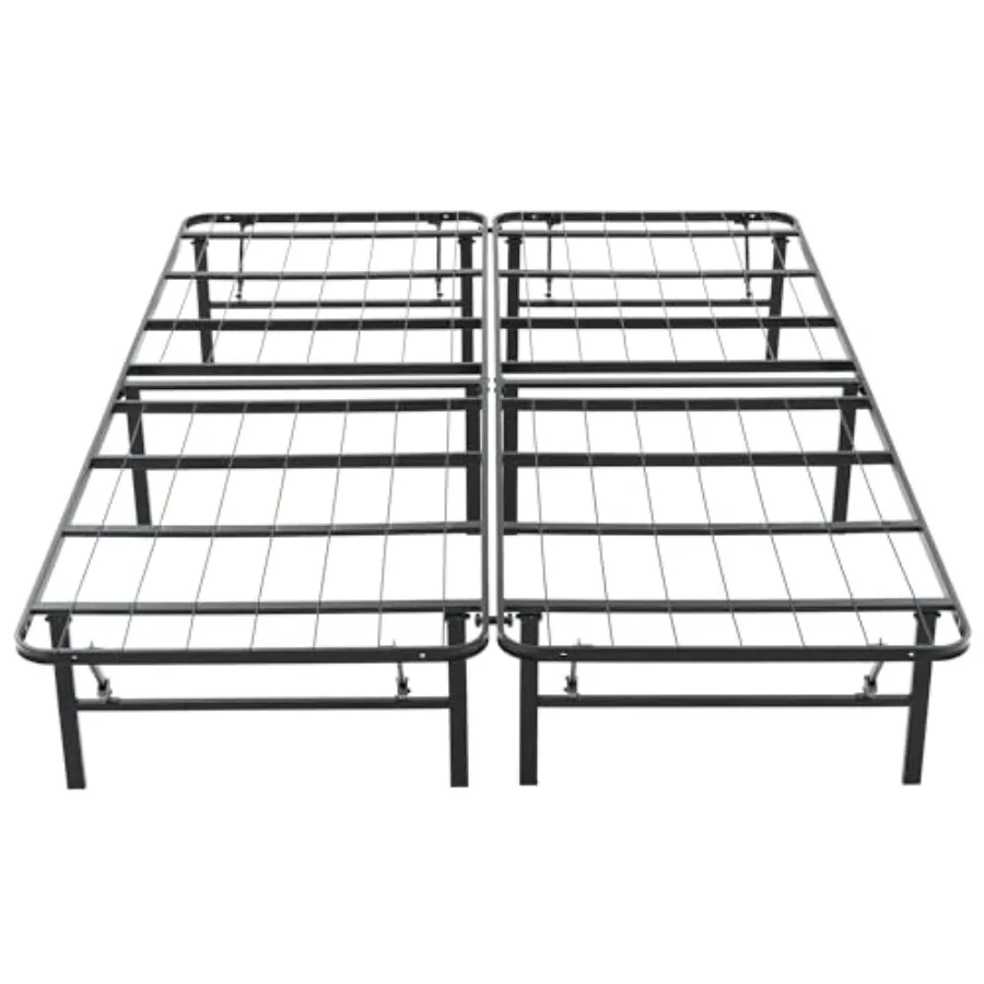 Folding Metal Bed Frame for Small Spaces, Black Steel, Space-Saving Design with 14 Platform Mattress Foundation, No Box Spring