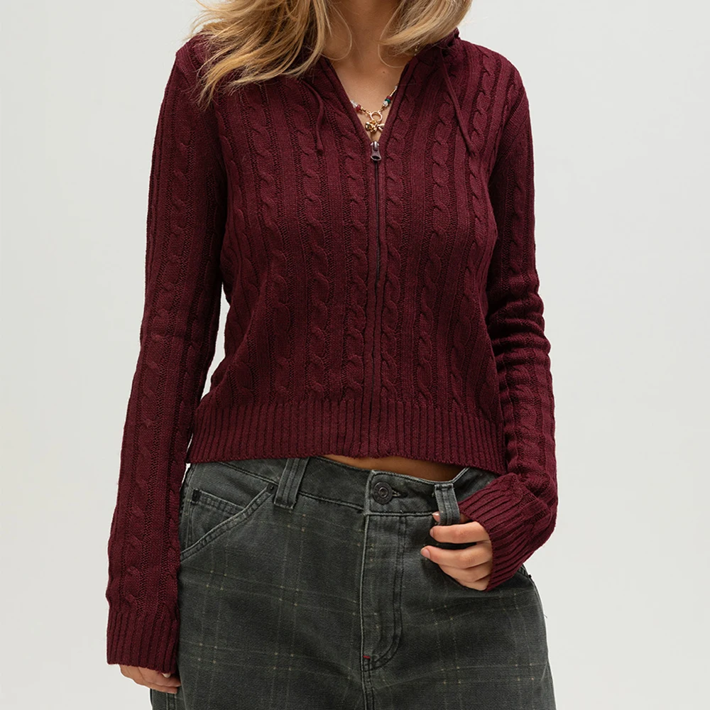 女性春秋ジップアップパーカーカーディガン Y2k ヴィンテージ長袖ニットセーター 90 年代ニットウェアコートジャケットストリートウェア