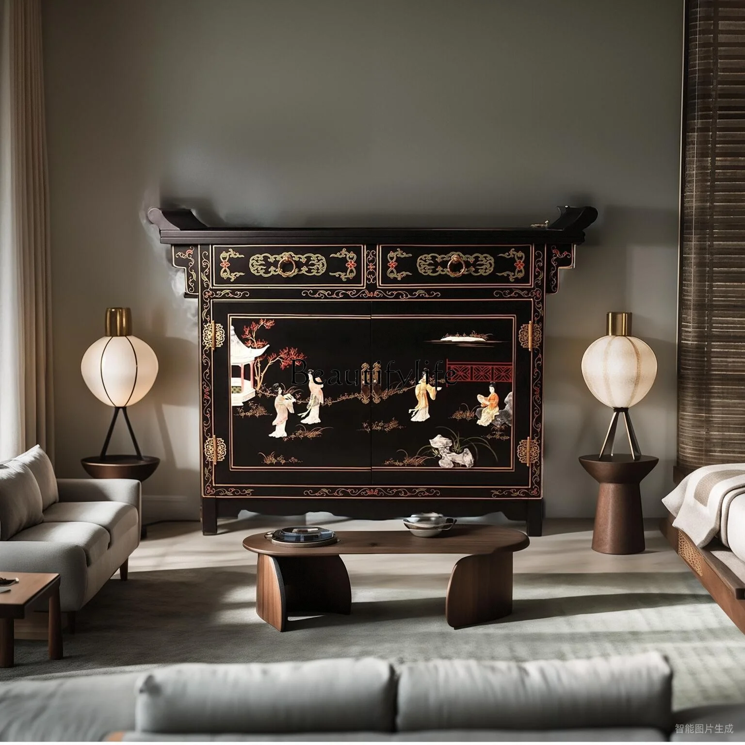 

New Chinese-style entrance cabinet, foyer cabinet, hand-painted decorative cabinet, classical dining edge