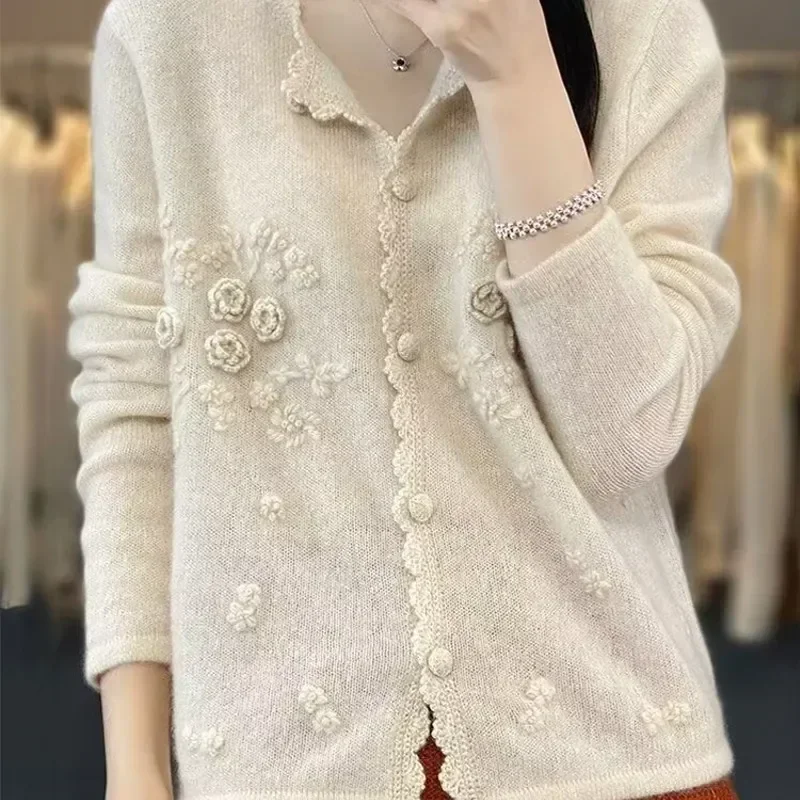TPJB Autumn New Sweet Mori Style Handmade Embroidered Sweater Coat Round Neck Long Sleeve Cardigan Sweater