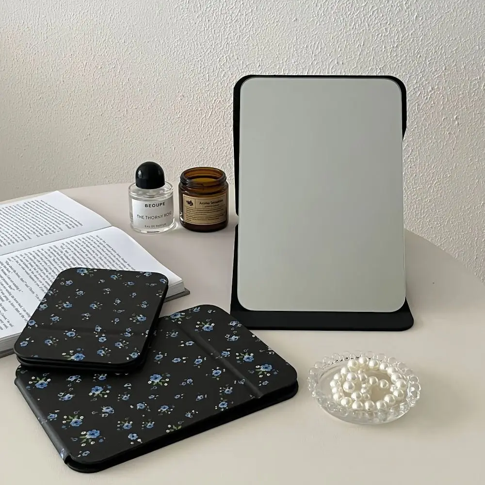 Flower Desktop Stand Mirror Pu Leather Compact Cosmetic Mirror Vanity Mirror Easy To Carry Delicate Fold Makeup Mirror