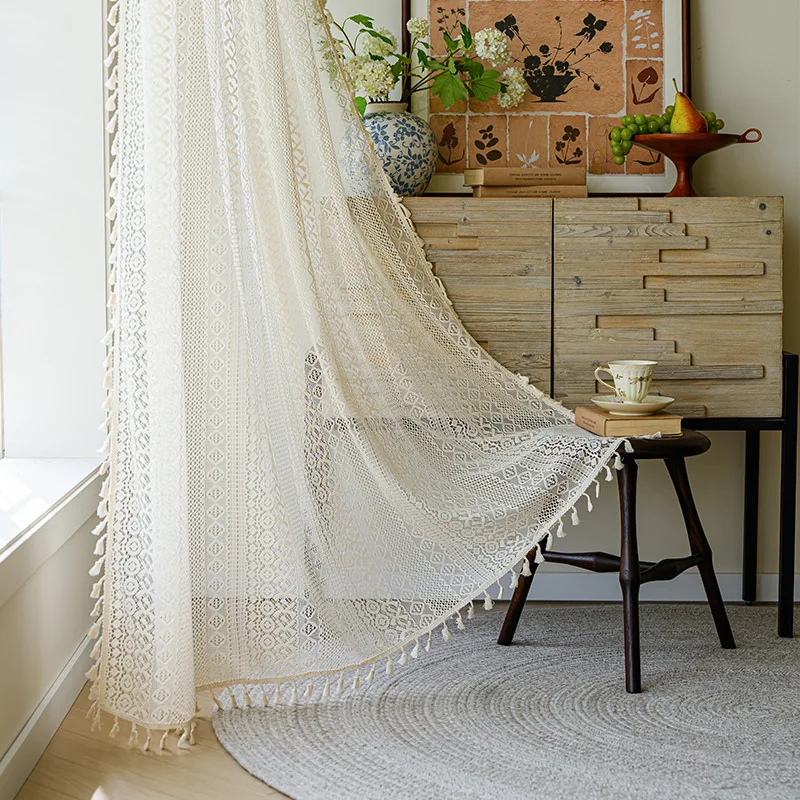 

Boho Living Room Lace Curtain, Rod Pocket Vintage Tassel Decor Geometry Striped Light Filtering Crochet Semi Sheer Curtain 1 Pcs