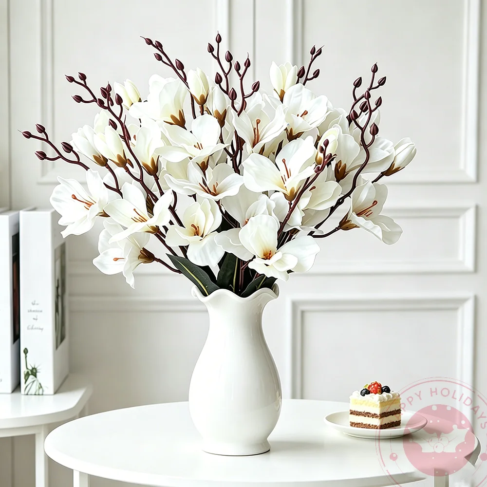 Image of Rot-weiße künstliche Magnolienblume mit 5 Zweigen und 20 Blütenköpfen für die Dekoration von Wohnzimmertischen, Hochzeiten und Partys.