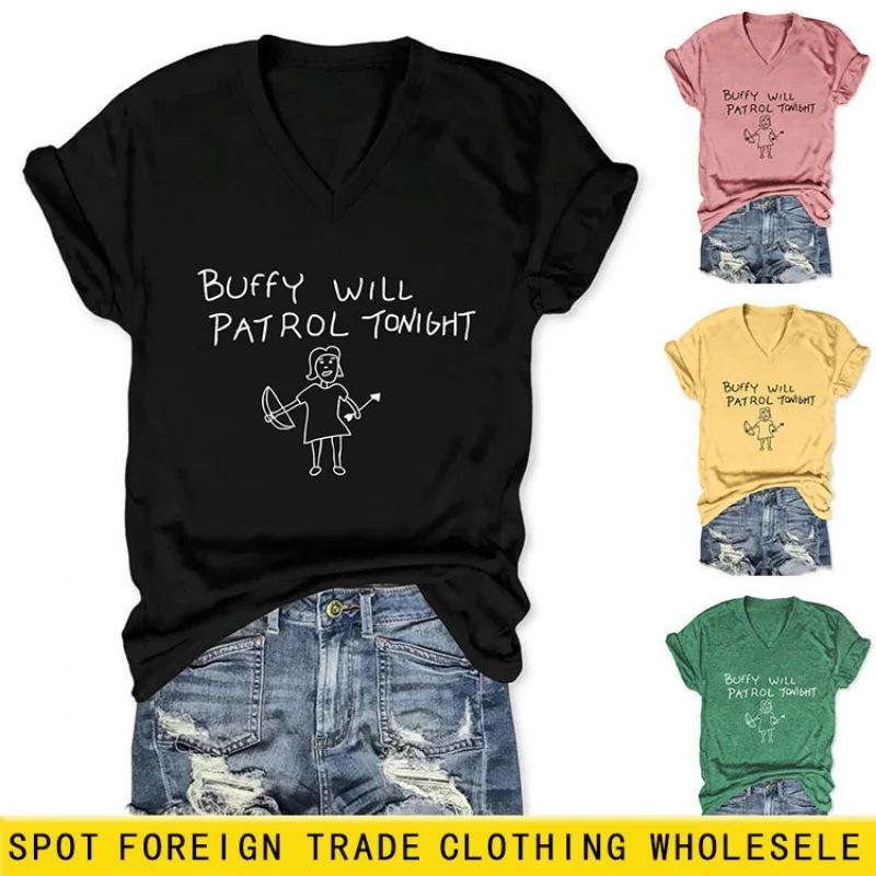 

Летняя женская футболка с креативным буквенным принтом, V-образным вырезом и короткими рукавами — модный и универсальный топ