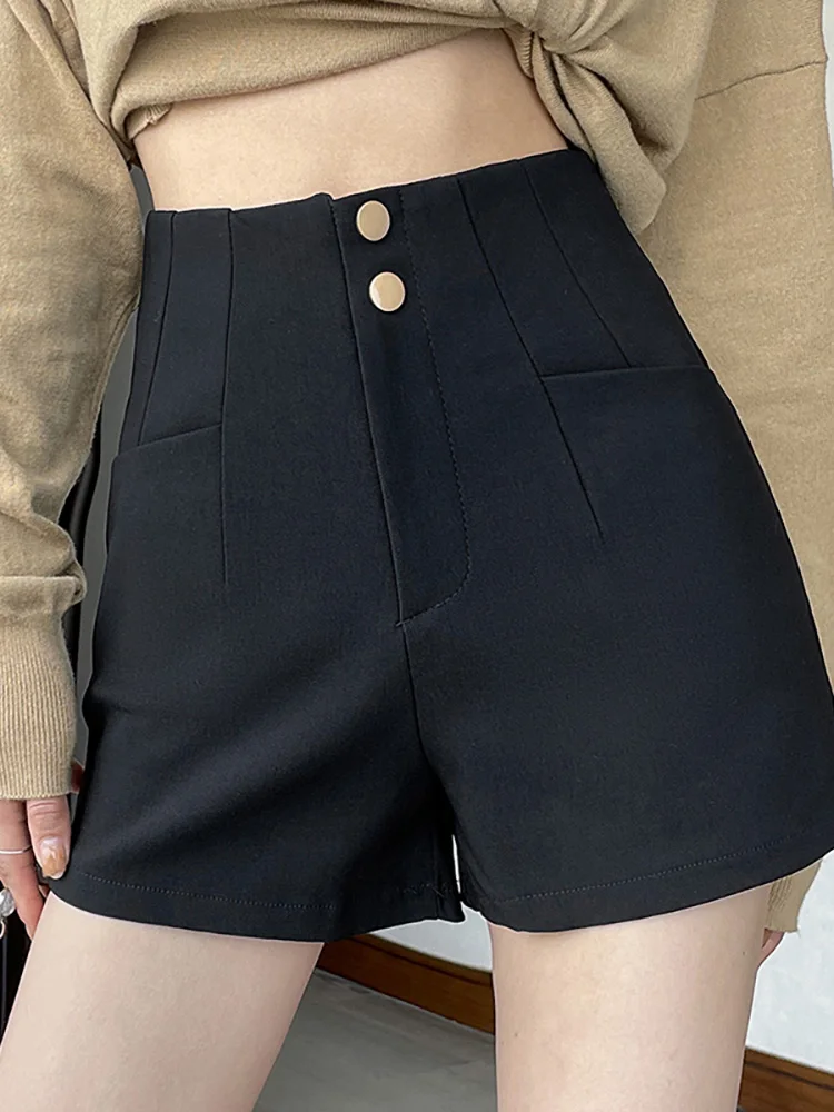 FIGOHR 2024 여름 하이웨이스트 와이드 레그 반바지, 캐주얼 블랙 스트레이트 핫 팬츠, 버튼 슬림 숏 팬츠 