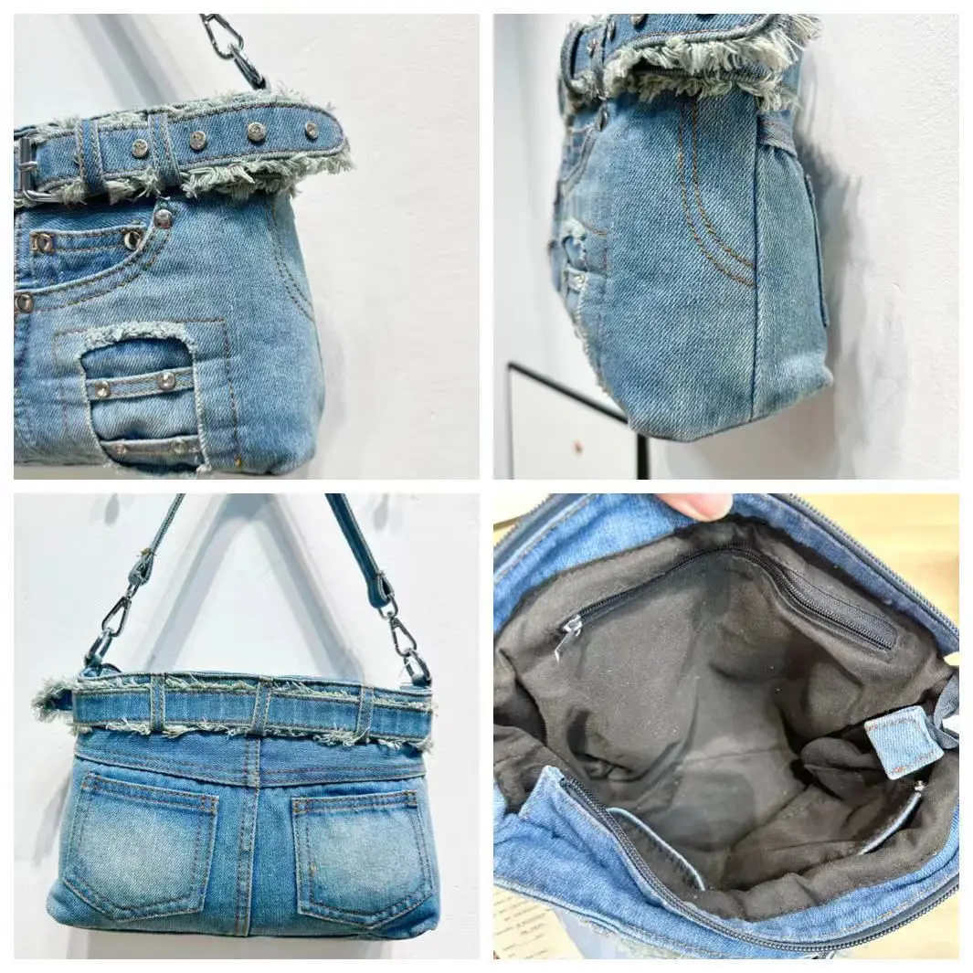 Female Cool Handbag The Cowboy Material Jeans Pocket With Metallic Rivets And Buckle Denim Crossbody Bags For Women Handbags