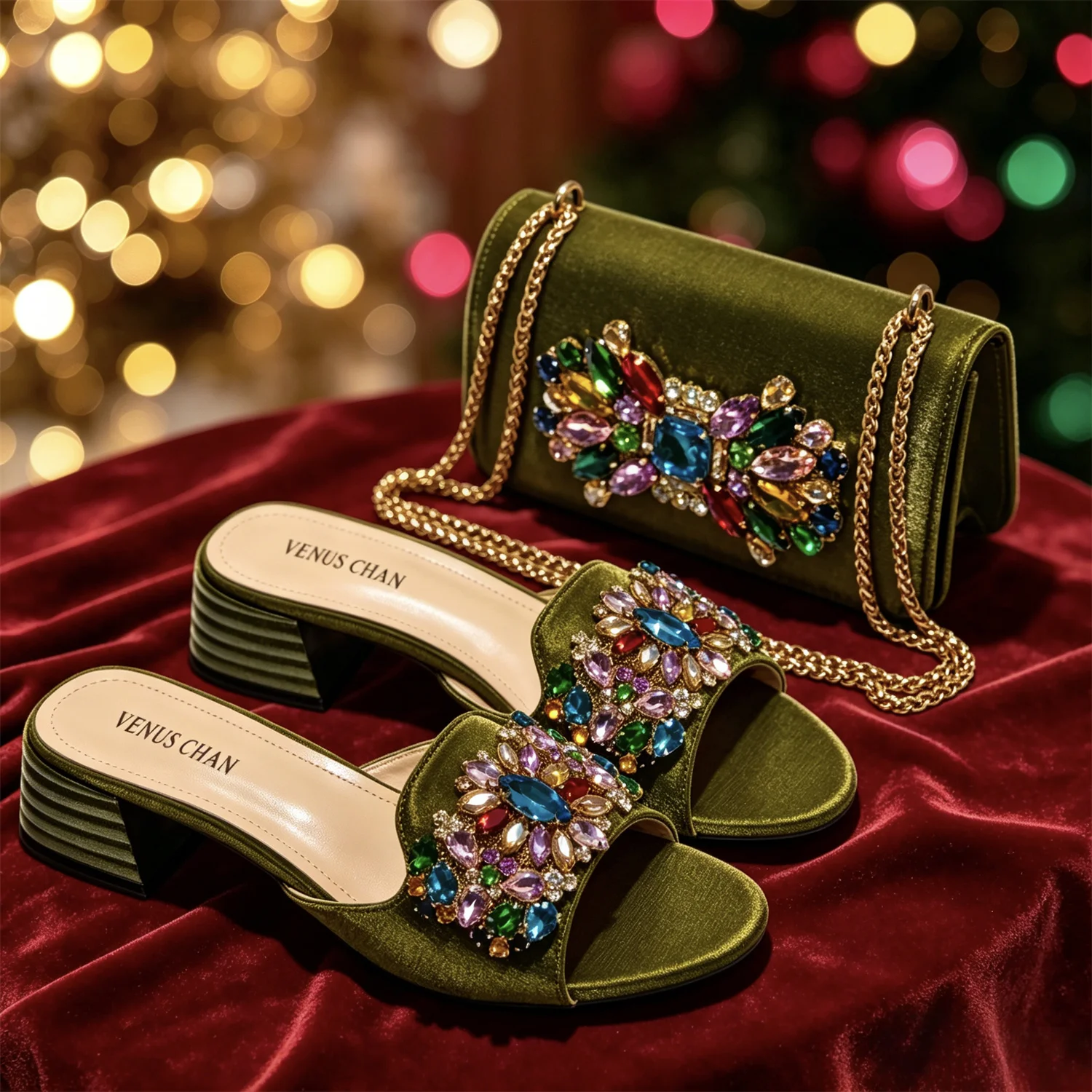 Olivgrüne Strass-Sandalen mit passender Tasche, Damen-Pantoletten mit Blockabsatz, bunte Kristall-Pantoletten, Clutch-Tasche für Hochzeiten – Detail 5