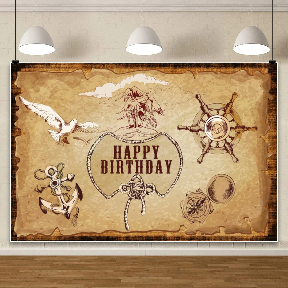 Pirate Treasure Map Happy Birthday Background Boy Cartoon Cute Nautical Coastal Vintage Adventurer Birthday Portrait Backdrop