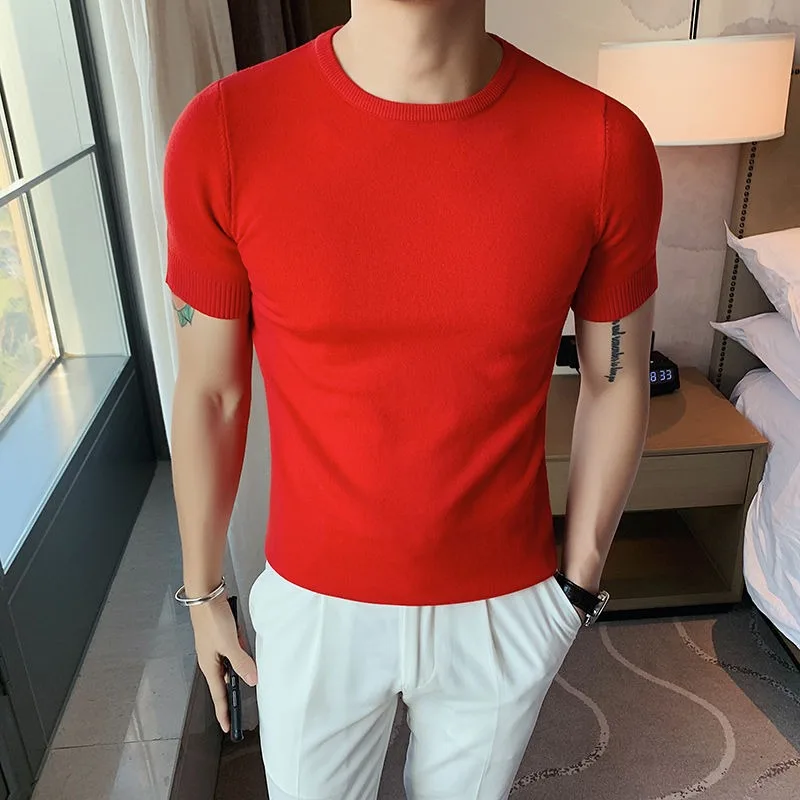 

Mens Summer Sweater Short Sleeve Knit Tee Crew Neck Slim Fit Stretch Pullover Sweater Casual Solid Basic Knitwear Clothing