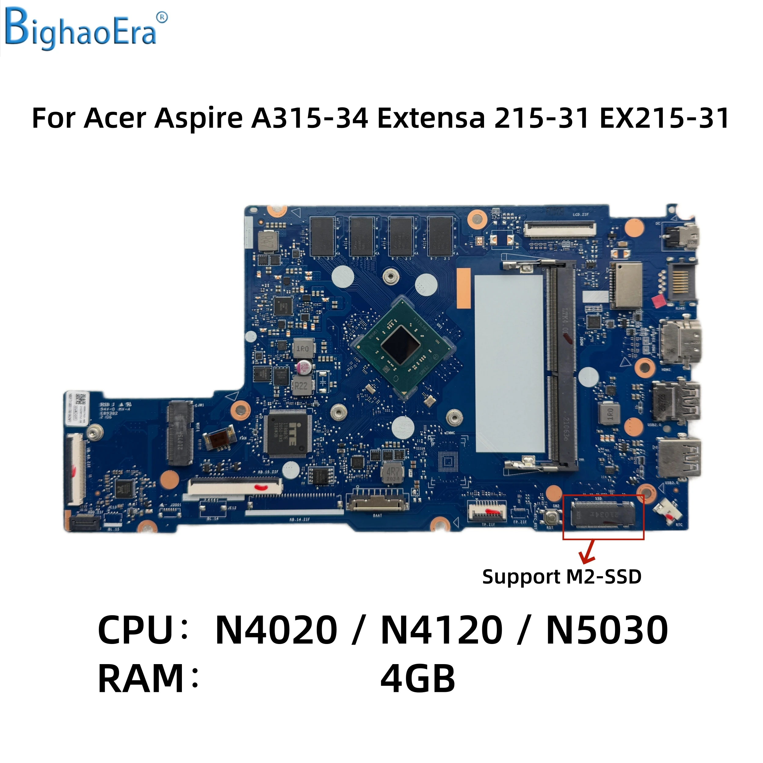Placa-Mãe para Laptop Acer Extensa 215-31 EX215-31 Aspire A315-34 com CPU N4020 N5030 4GB-RAM NB8609_PCB_MB_V4/V5 NB.HE311.006