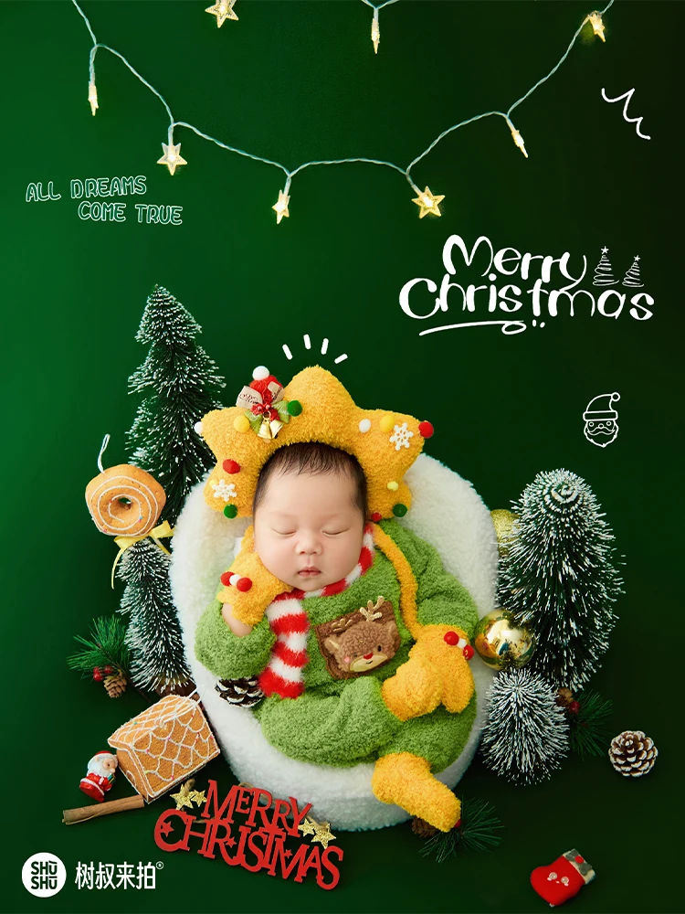

Christmas Newborn Photography Outfit Green Baby Romper+Xmas Tree Headband+gloves+scarves+socks Baby Shooting Costume for Studio