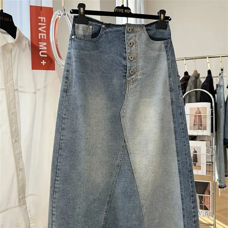 ใหม่ Retro Patchwork DENIM กระโปรงผู้หญิงแฟชั่นเอวสูง Casual กระโปรง High Street A-Line ปุ่มยาว Jupe