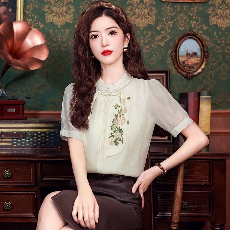 Fashion Summer Short Sleeve Women Blouse Shirt Tops Blusas Mujer De Moda 2024 Verano Beading Embroidery Blouse Women Blusa H577