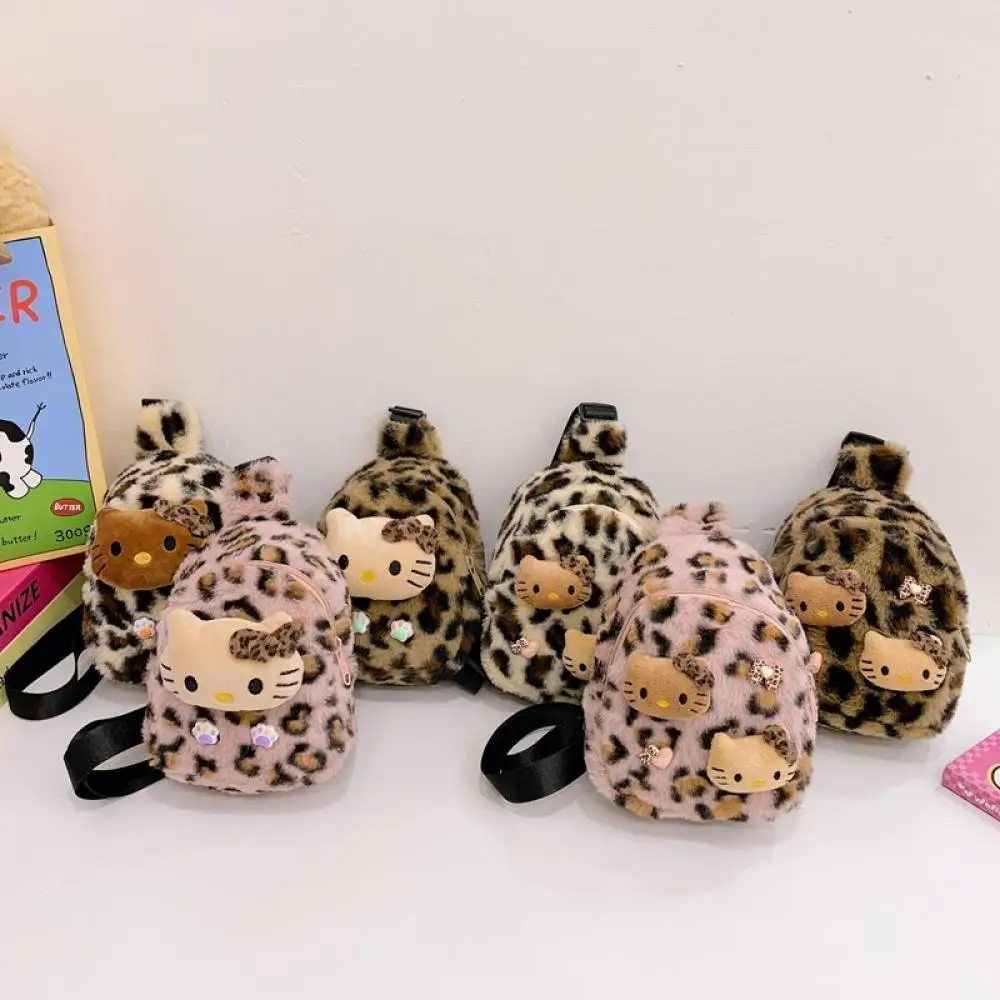 Sanrio 2024 Winter New Edition Leopard print flannelette Children chest bag Travel bag Inclined shoulder bag a birthday present