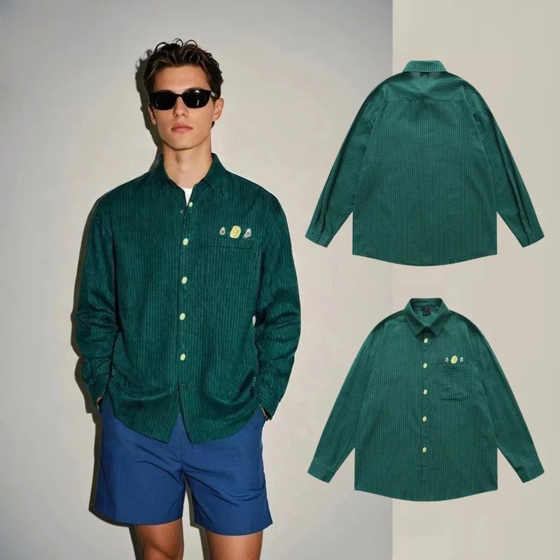 [B&C] British-style striped collared long-sleeve shirt men, niche trendy avocado green shirt autumn and winter