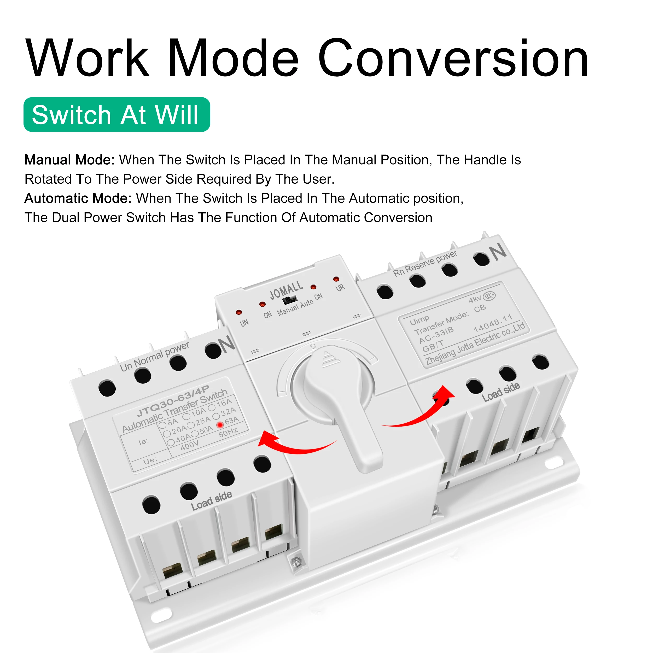 Imagem -03 - Mini tipo Interruptor de Transferência Automática do Ats Mudança sobre o Interruptor 220v 380v Pólo Frequência Avaliado 50hz 60hz 63a Novo