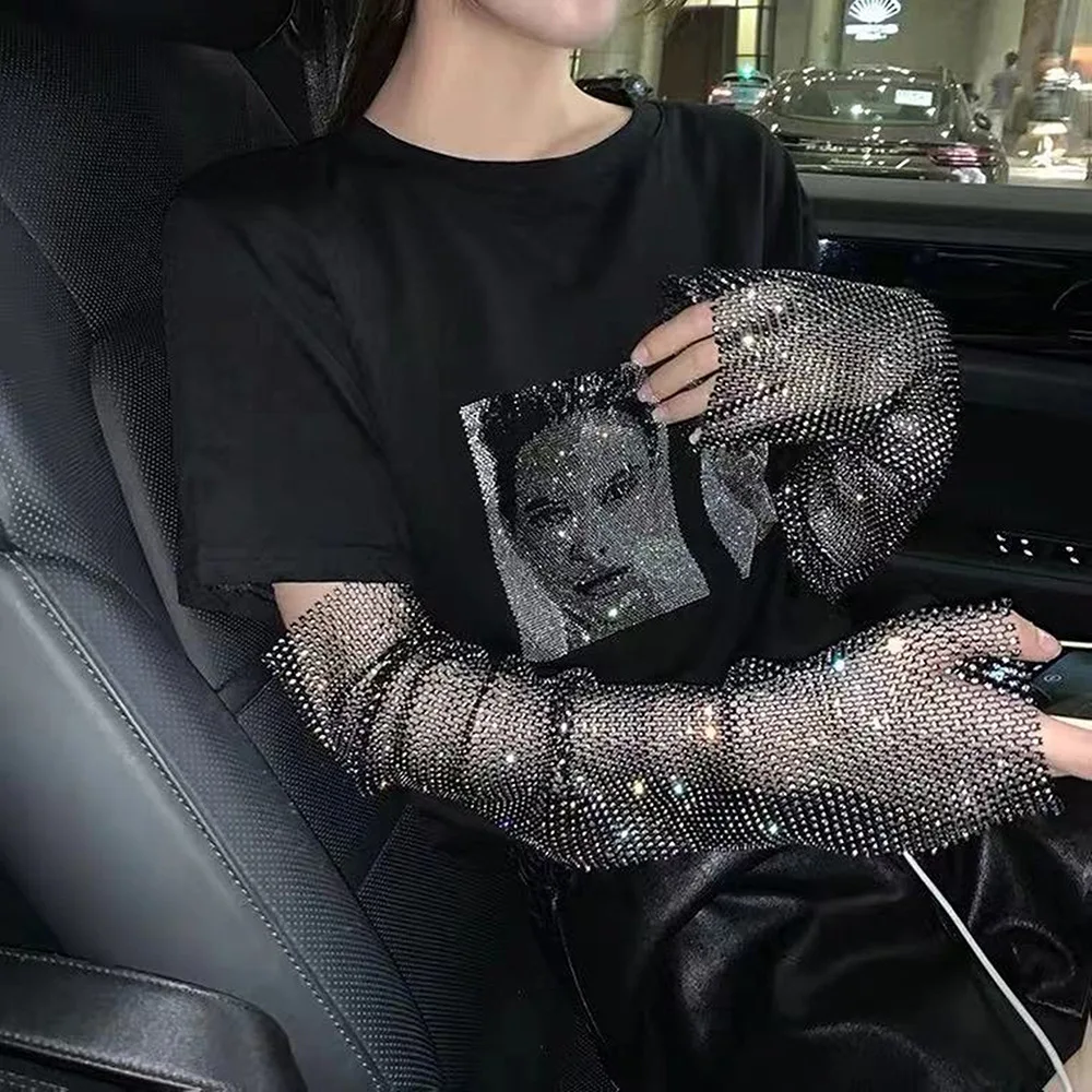 AKYZO Sparkly Dazzling Fishnet Gloves Fingerless Gloves See Through Sunscreen Crystal Rhinestone Club Rave Festival Y2K Streetwe