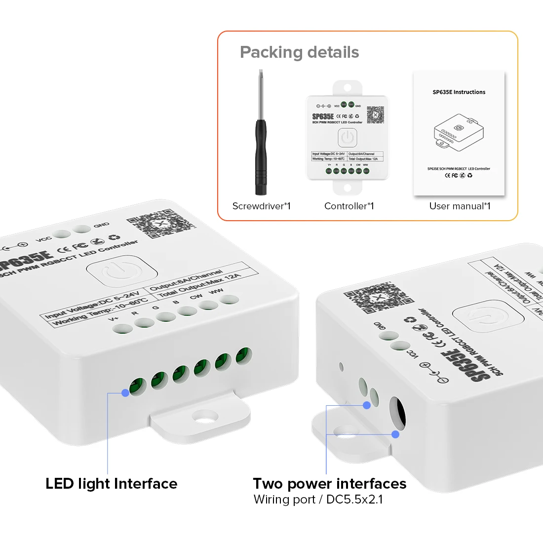 SP631E-SP635E PWM LED Controller Bluetooth Music Voice 5050 FCOB DIM CCT RGB RGBW RGBCCT LED Light Strip IOS Android 2.4G 5V-24V