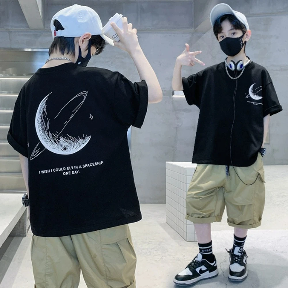 Teenager Kids Luxury Clothing For Boys Short Sleeve T-Shirts Tweens Child Tee Shirt Summer Cotton Tshirt Tops with Moon Print