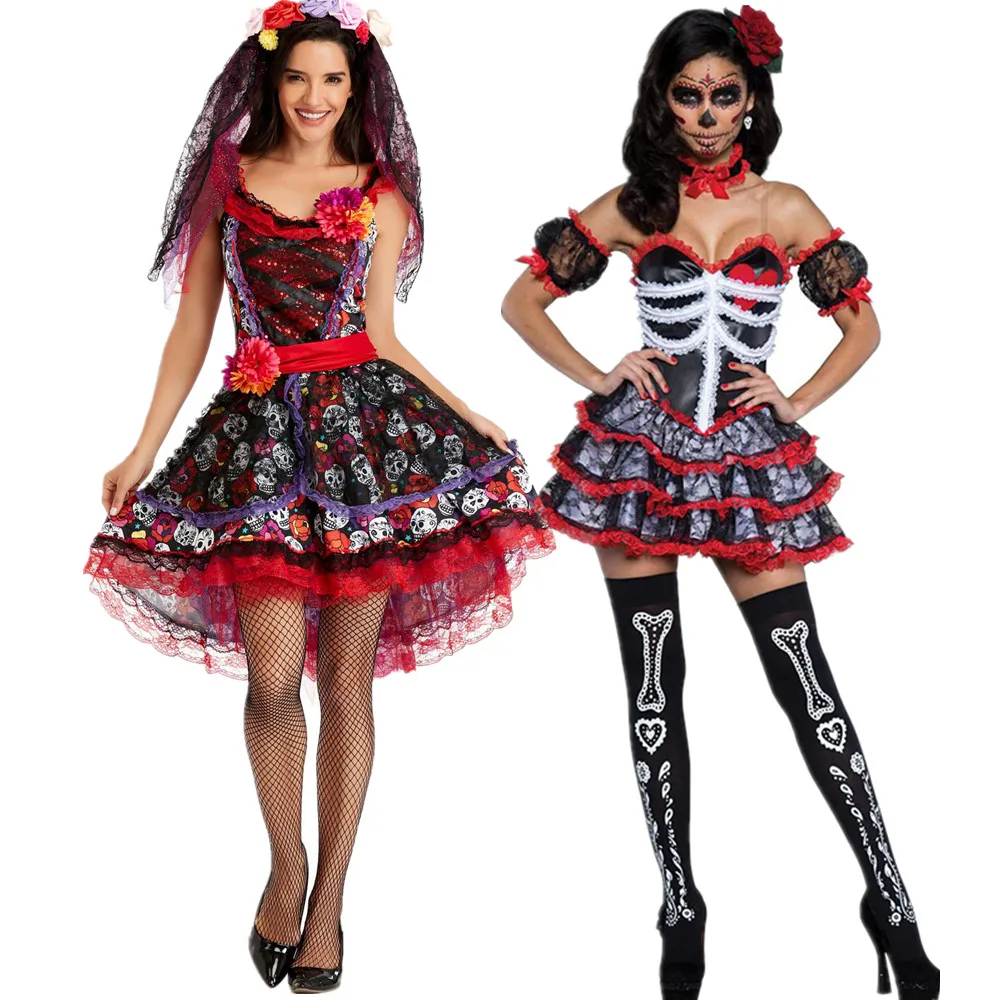 

Halloween Purim Sugar Skull Flower Fairy Ghosts Bride Cosplay Costume Day of The Dead Skeleton Vampire Witch Fancy Dress