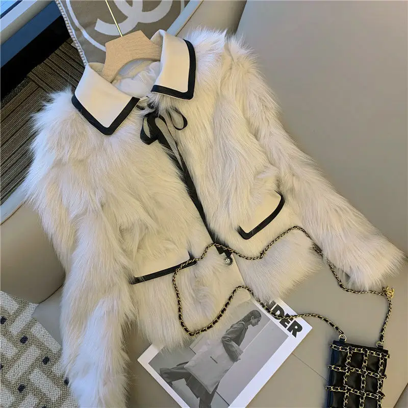 

Women Y2k Lapel Neck Lace Up Tops Mujer Long Sleeve All-match Simple Jackets Faux Fur 2026 Autumn New Faux Fur Coat