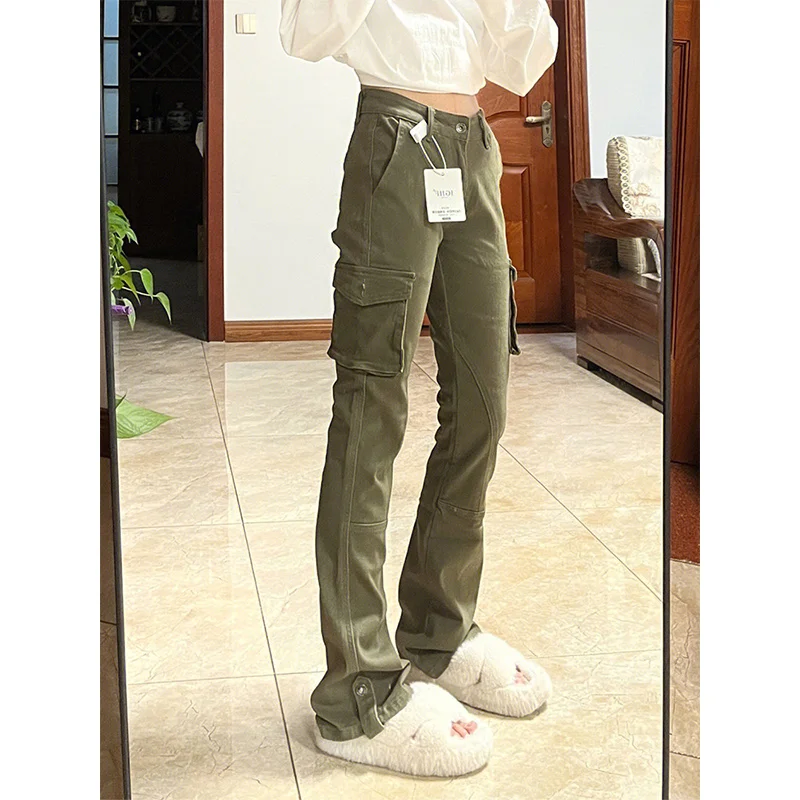 

American Retro Extended Length Bell Bottom Denim Jeans Women's High Waist Slimming Military Green Floor Length Pants