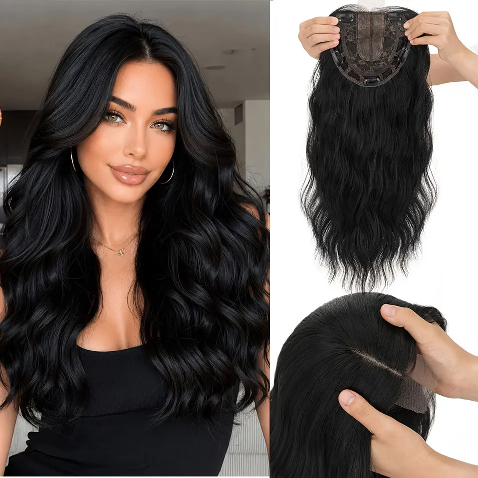 S-noilite Hair Topper 20 Inch Wavy Synthetic Clip-In Topper for Women Natural Looking Voluminous Hairpiece  Ombre Blonde Wig