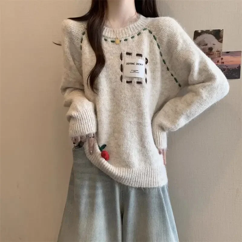 Gaganight Women O neck Ins Letter Sticker Sweater 2024 Women's Autumn Winter New Sweet Cherry Knitted Sweater Pullover Top Thick