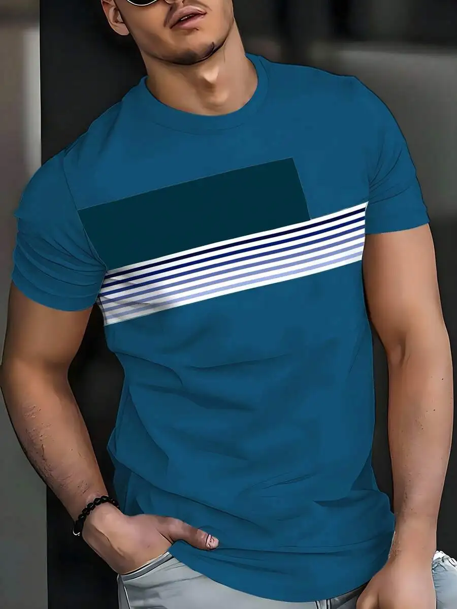 

Men's Teal Colorblock Striped Print Round Neck Short Sleeve T-Shirt for Summer Casual Wear