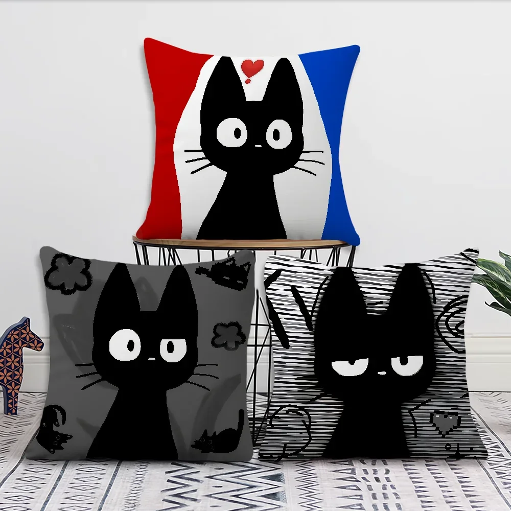 Comfortable Cartoon Soft Pillow Black Case Cat for Sofa Living Room Home Office Decor Protective Covers Without Pillow-Insert