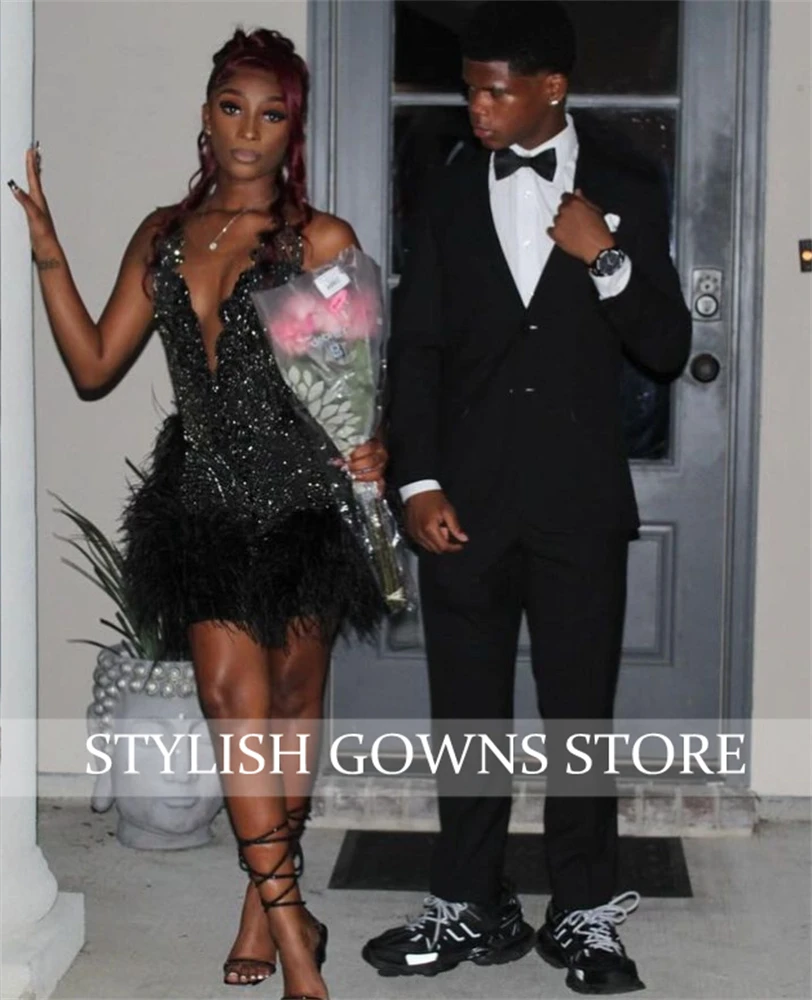 Sexy Short Prom Dresses For Black Girls Beaded Birthday Party Dress Crystal Feathers Mini Cocktail Homecoming Customized