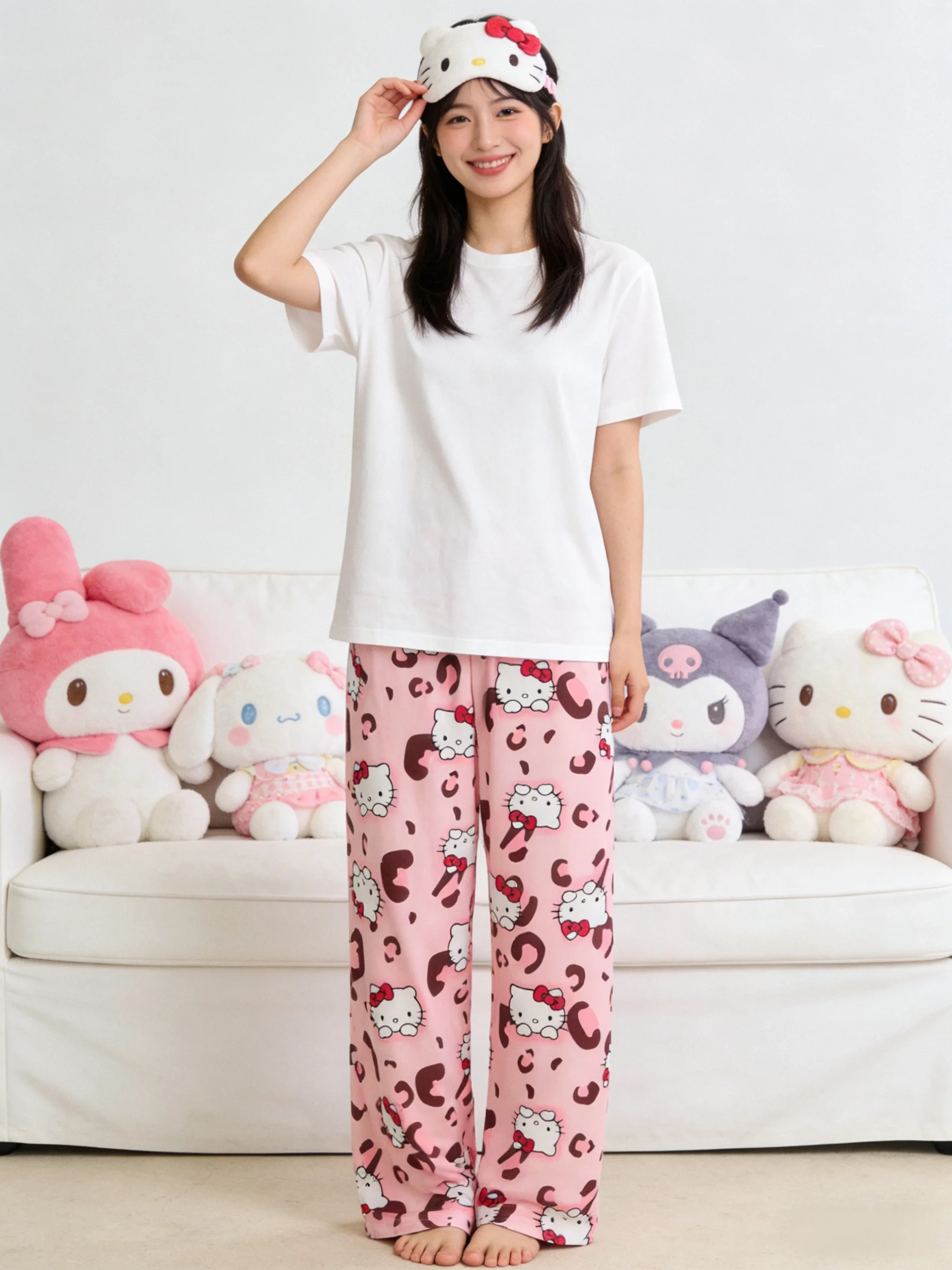 

Новинка Hello Kitty весна-лето: розовые брюки для сна и повседневные прогулочные брюки, идеально подходят для подарков на фестивали и праздничных нарядов.