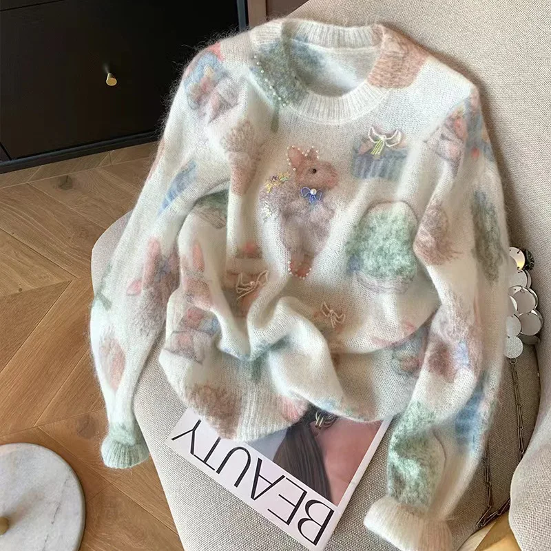 

Women's Casual Thermal Sweater Korean Long Sleeves O-Neck Animal Knitted Pullover 2024 New Autumn Winter Loose Sweet Knitwear