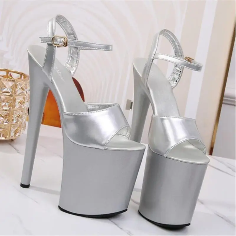 Purcoral 20CM Ultra High Platform Stiletto Sandals Women Patent Leather Peep Toe Ankle Buckle Sexy Stripper Heels Shoes