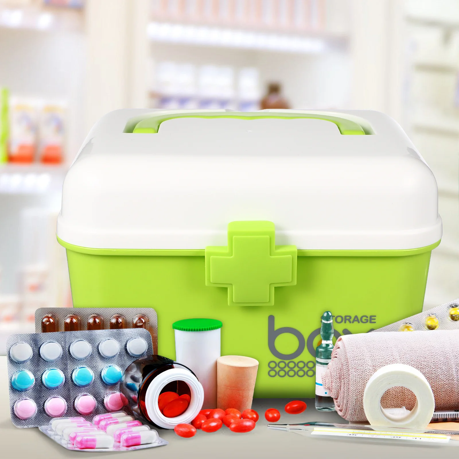 صندوق طبي محمول 21X16.5X15Cm أخضر طبقة مزدوجة المحمولة الطب المنظم دائم البلاستيك الإسعافات الأولية حقيبة للتخزين #2