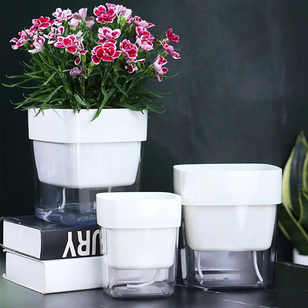 

3pcs Square Flower Pot Translucent Water-saving Hydroponic Plant Pot Self-absorbent Cotton Rope Garden Accessory Desktop Planter