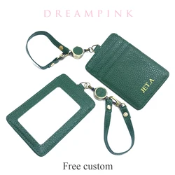 Custom Name Work Card Holder Luxury Genuine Leather School Bus Pass Credit Card Sleeve Engrave Letter Lanyard Office Badge Purse