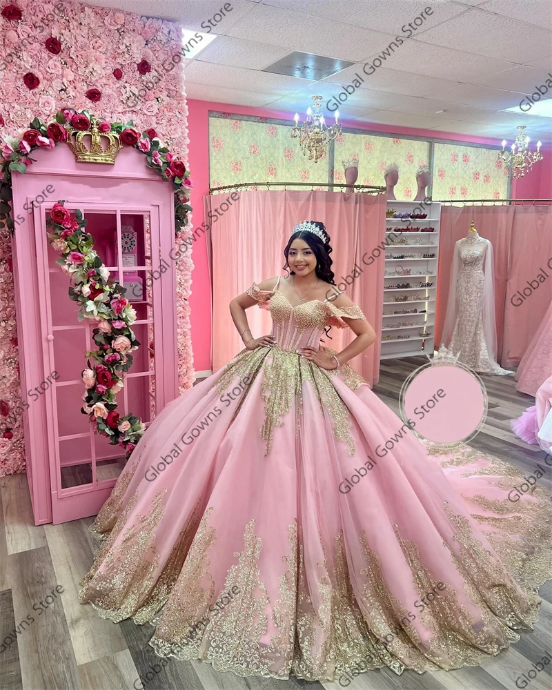 Mexico Pink Sweetheart Ball Gown Quinceanera Dress For Girls Beaded Appliques Birthday Party Gowns Prom Dresses Tiered Robe De