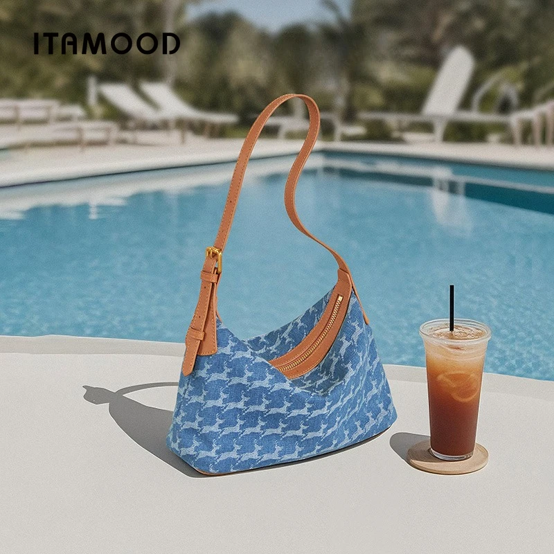 

ITAMOOD Women's Underarm Bag Denim Genuine Leather Original Designer Brand Handbag Single Shoulder Crossbody Bag for Daily Use