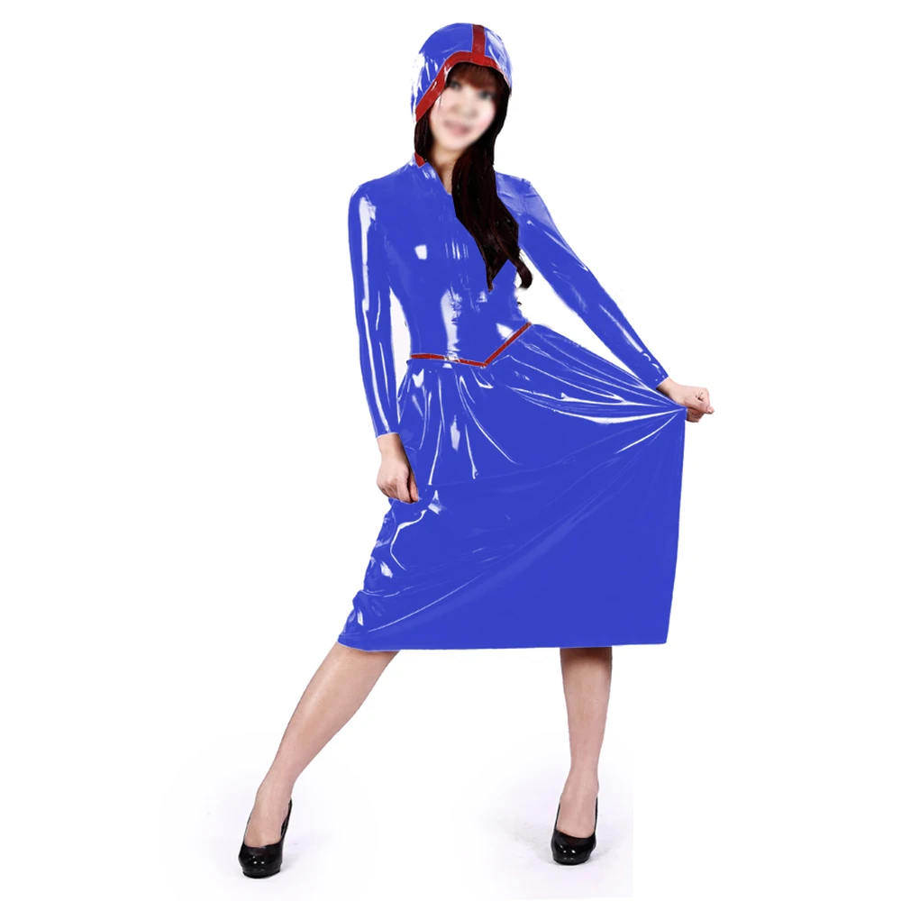 

Plus Size Wetlook PVC Hooded Dress Sissy Long Sleeved Flared Long Dress Raves Party Dancing Swing Vestidos Patchwork Clubwear