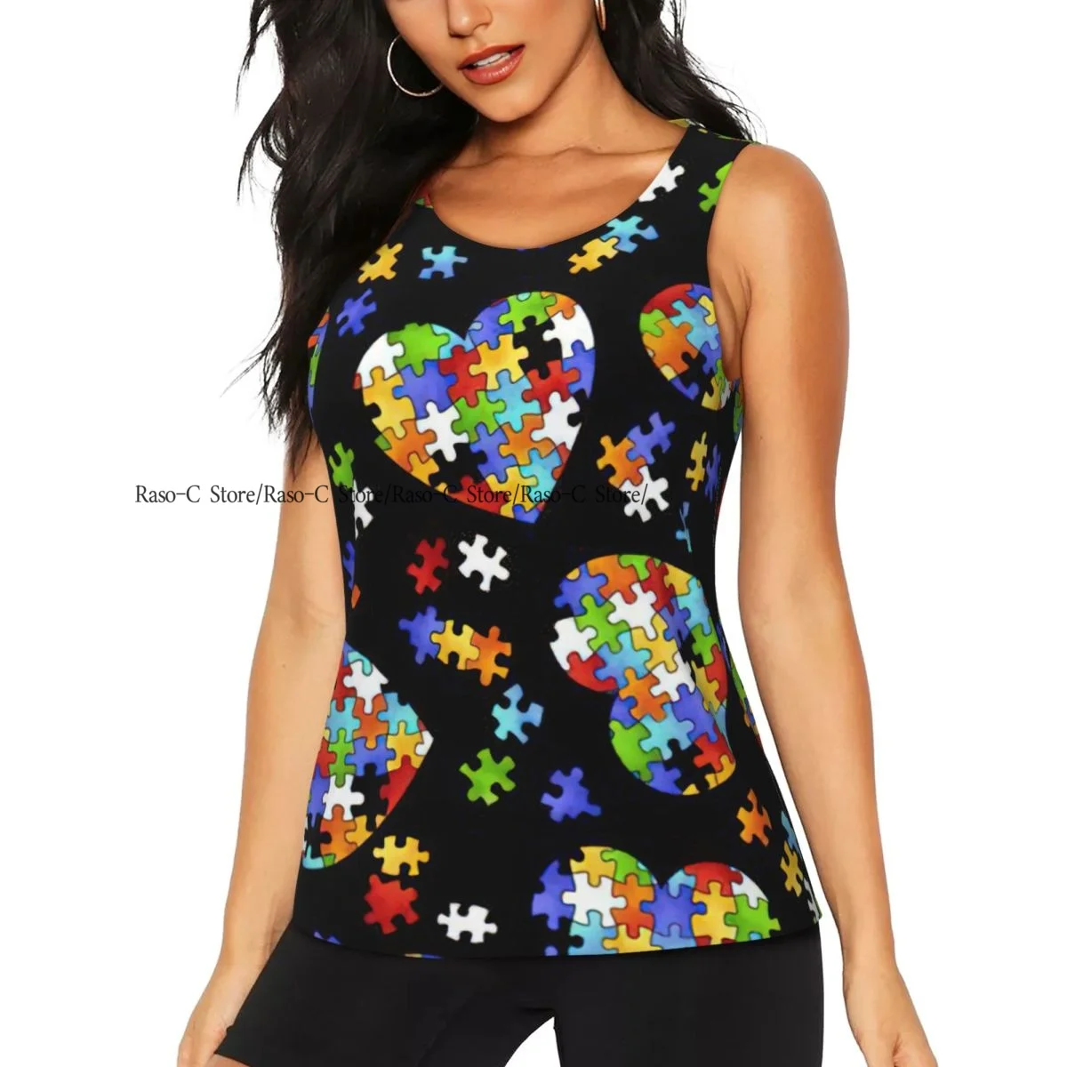 Women Sport tank Tops Loose Yoga Tops Quick Dry Workout Sport Tops Autism Awareness Puzzle Pieces Heart Yoga Shirt