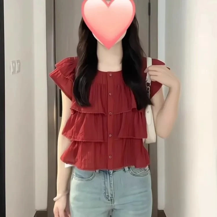 Sweet Girl Red Cake Top Loose Fit Shirt Style Long Sleeve Poly Fiber Resistant to Deformation with Lace Trimmed Bell Sleeves
