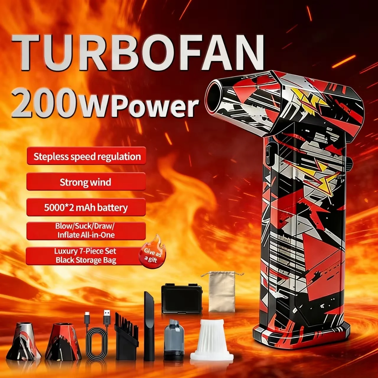 

Серебристо-черный-красный вакуумный вентилятор X9, бесщеточный, 300000 об/мин, 75 м/с, турбоструйный вентилятор + автомойка и средство для удаления снега