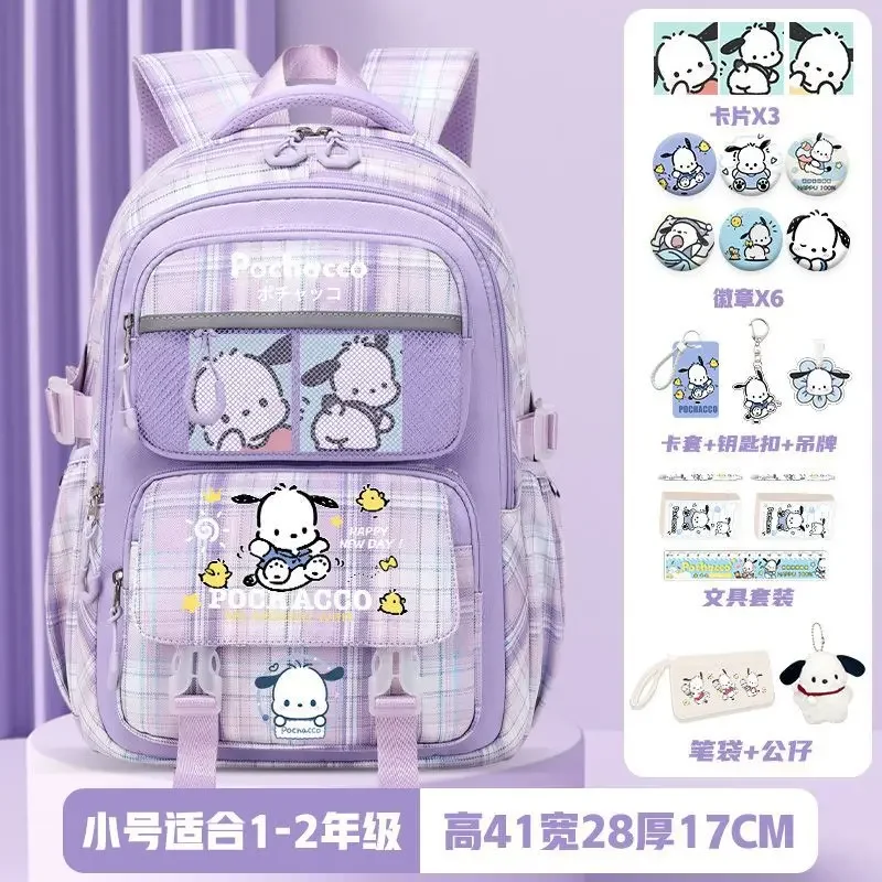 Sanrio Pacha Dog Schoolbag Mochila de grande capacidade, proteção da espinha dos desenhos animados, estudante bonito e crianças, novo