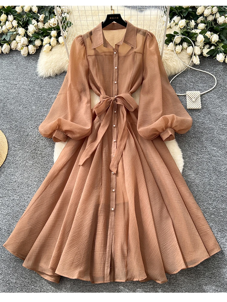 

French Party Birthday Lantern Sleeve Dress Women Spring Autumn Elegant Fashion Single breasted Long Dress B08