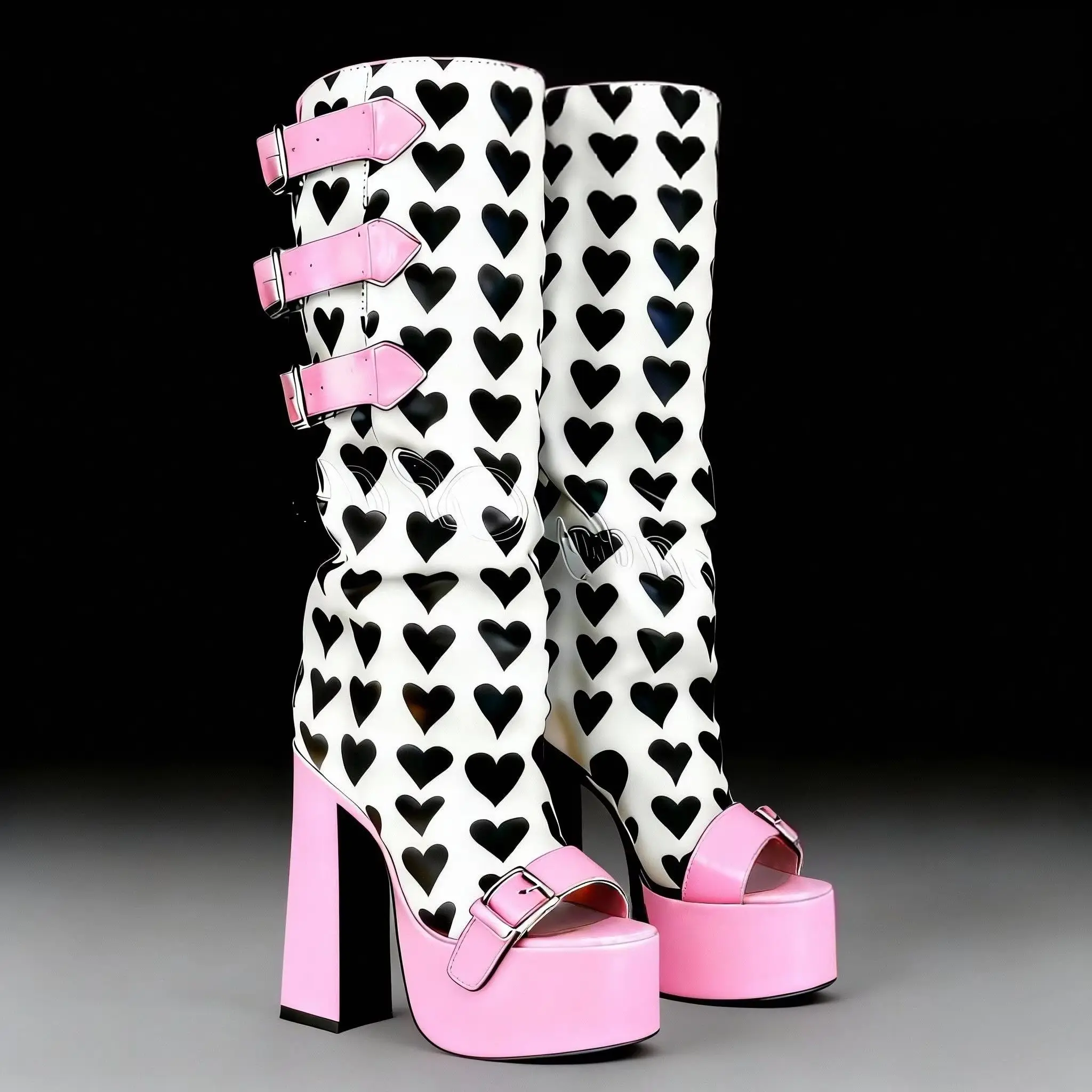 

Розовые черные сапоги с декором в виде сердец, с боковым ремнем, на массивном каблуке, с открытым круглым носком, высокие до колена, для мужчин, 2024. Обувь для мужчин.