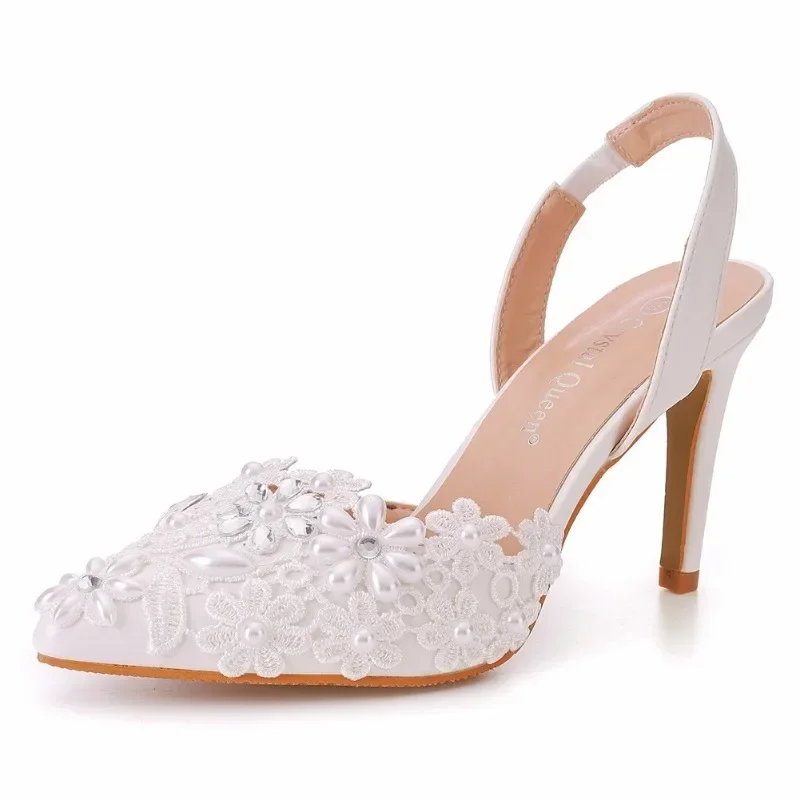 Women Sandals Fashion Sexy Lace PU 9CM Thin Heels Slip On Wedding Dress Shoes Wedding Women\'s Shoes White Women Pumps