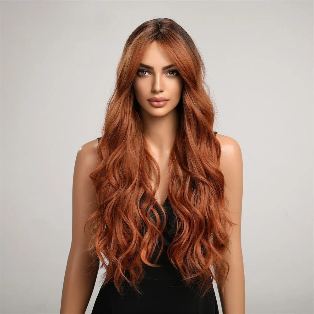 Eight-character Bangs Orange-Brown Wavy Long Wig with Natural Fiber Synthetic