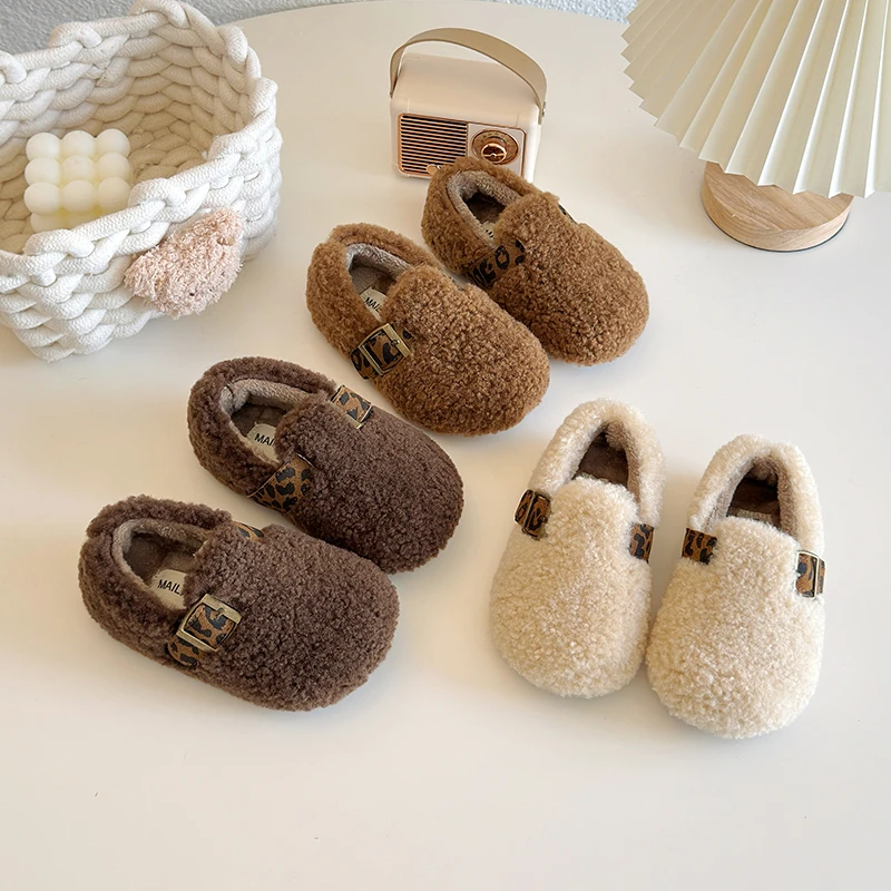 2025 Winter New Children Cotton Shoes  Leopard Round Toe Warm Plush Comfortable Non Slip Flat Shoes Furry Girls Princess Shoes